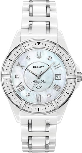Bulova Ladies' Marine Star 'Series L' 3-Hand Day Date Quartz Diamond Ceramic Watch, Sapphire Crystal, 100M Water Resistant, Mother-of-Pearl Dial, 37mm